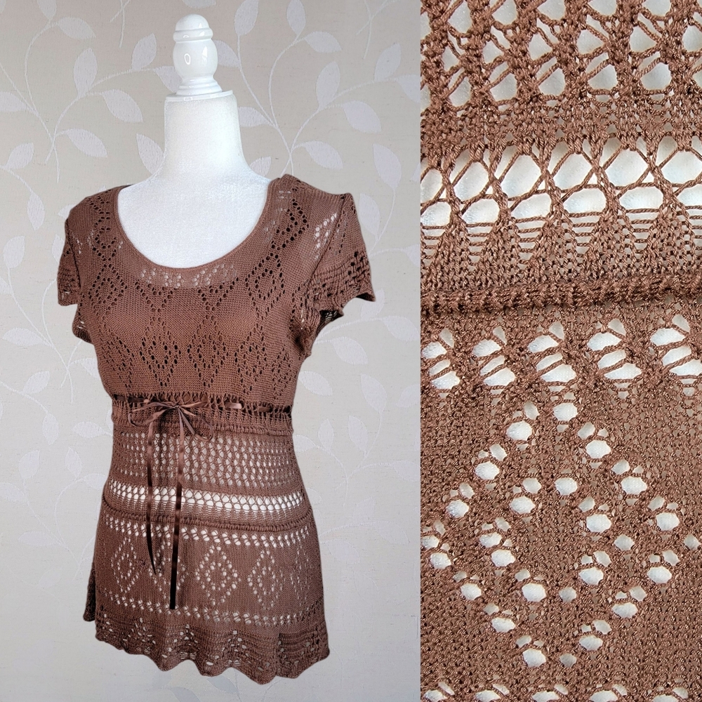 Vintage 90s Y2K Faded Glory Open Knit Top Brown Ribbon Tie Hot Chocolate